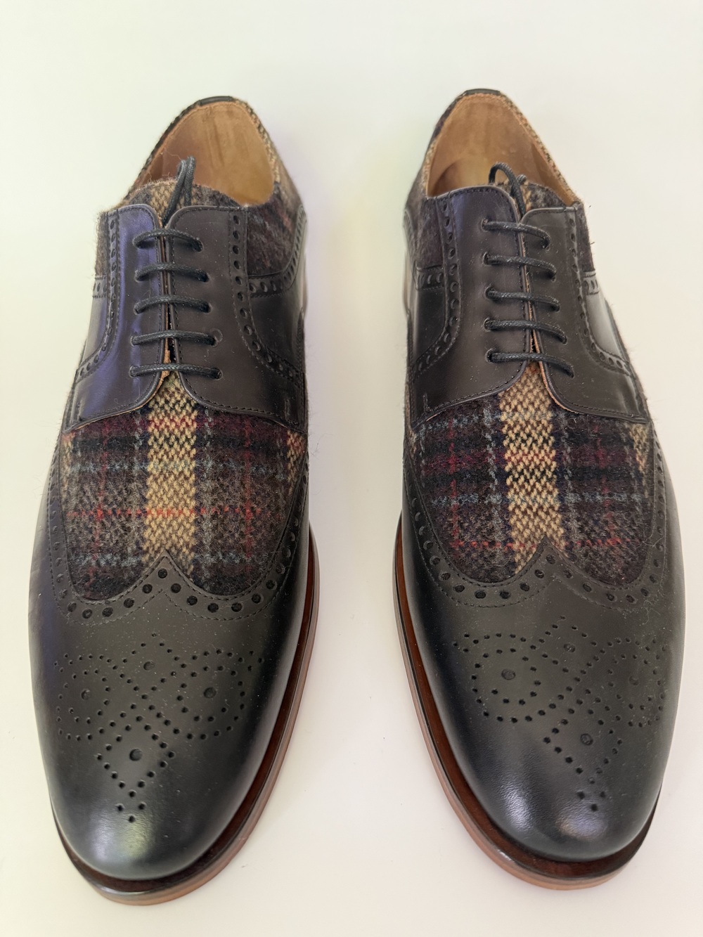 TAFT The Wallace Wingtip Oxford Black Leather Brown Tartan Plaid EU 45